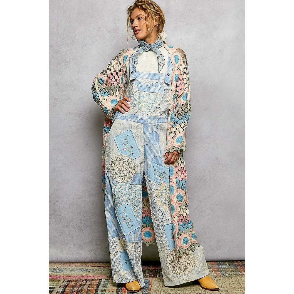 POL Boho Crochet Long Duster Cardigan Open Knit Scalloped Edge one size - Picture 4 of 6